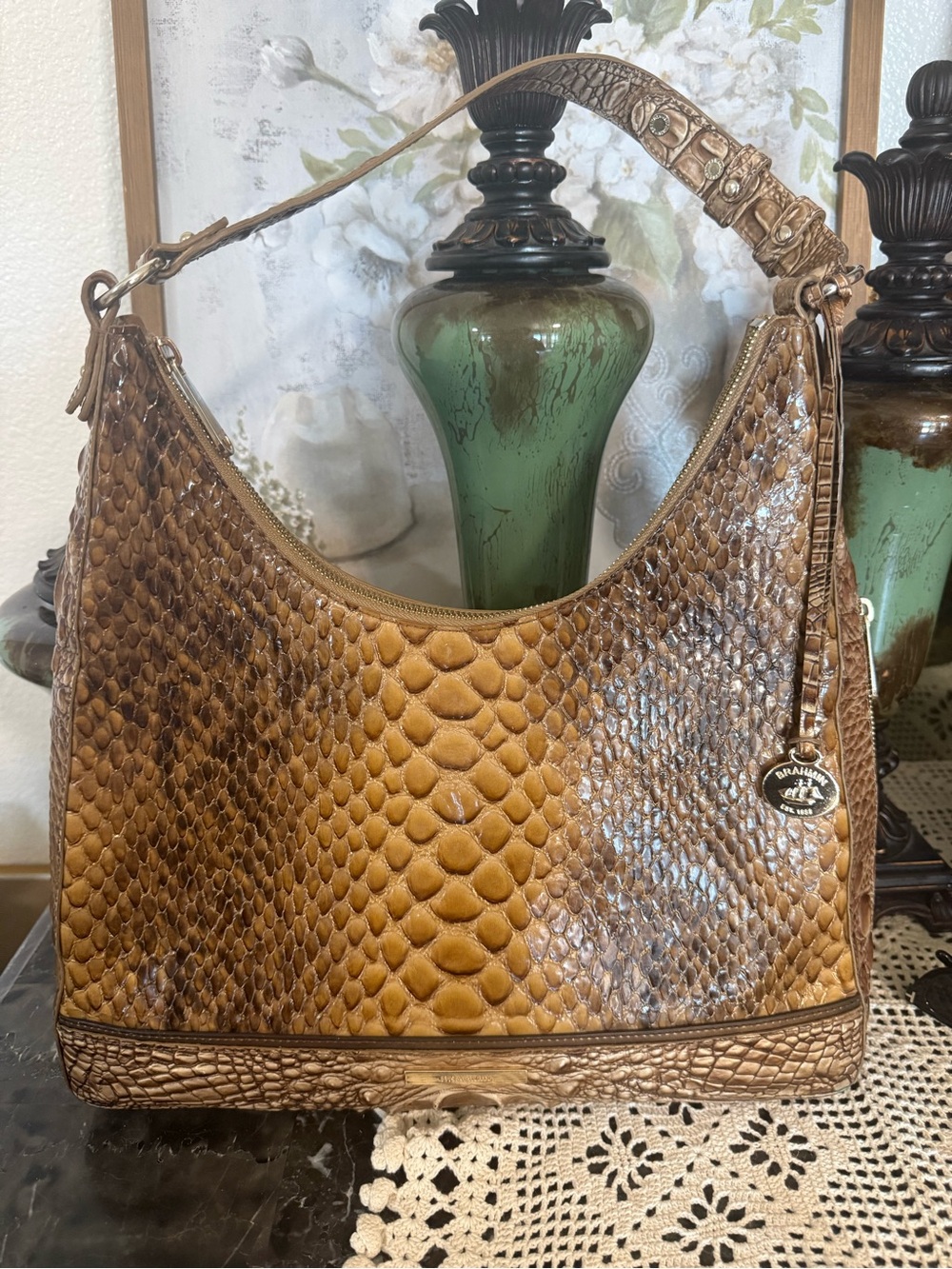 Brahmin Cognac & Chestnut Snake-Embossed Leather Shoulder Bag